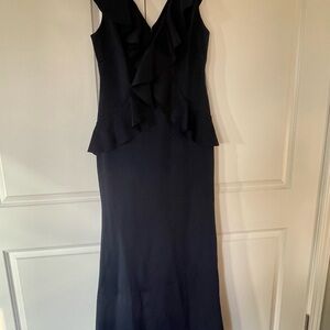 Navy Blue Ruffled V-Neck Sheath Dress